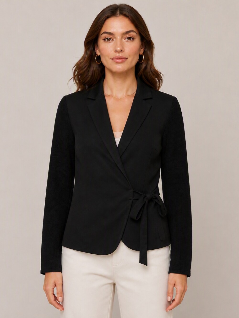 RW&CO Black Mixed‑Media Blazer Jacket Belted Workwear Office Chic Neutral L